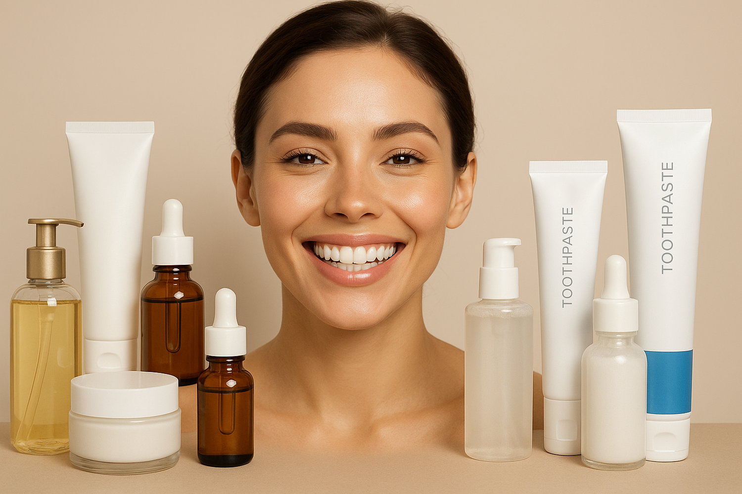 Une visage de femme qui souri avec des produits de soin de beauté et des dentifrice
