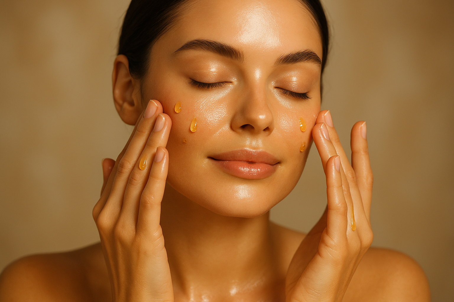 Visage d‘une femme avec des huile de soin de visages avec une peau magnifique 